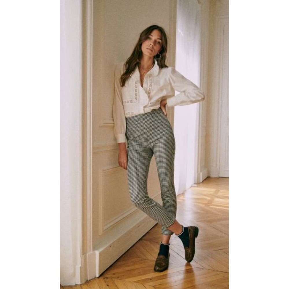 Sezane Clara Trousers Ecru Black Cotton US Size 4